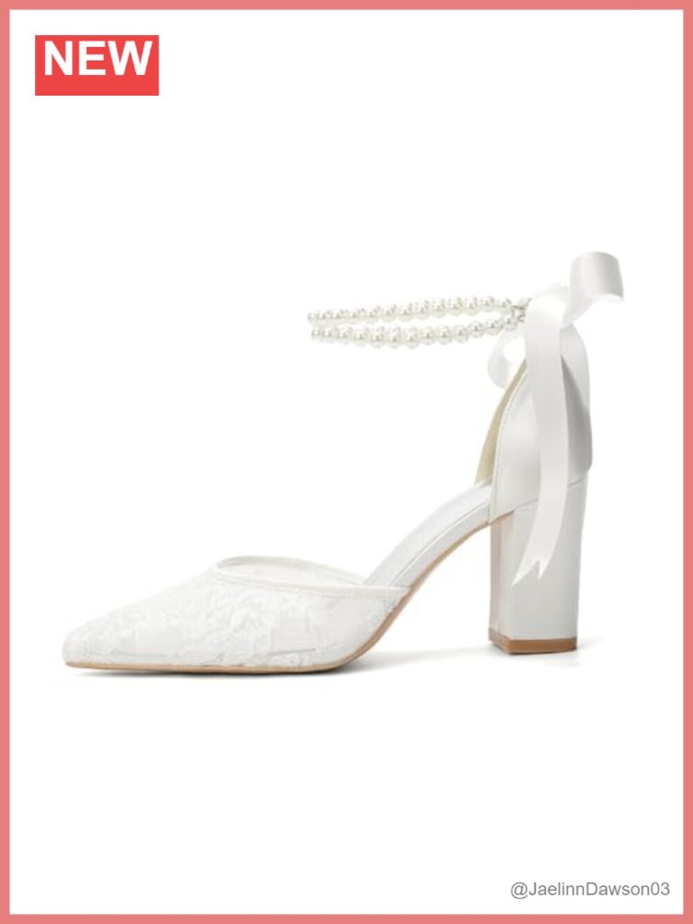 Ivory Pearl & Lace Closed Toe High Heels Women's Bridal Chunky Block Heels